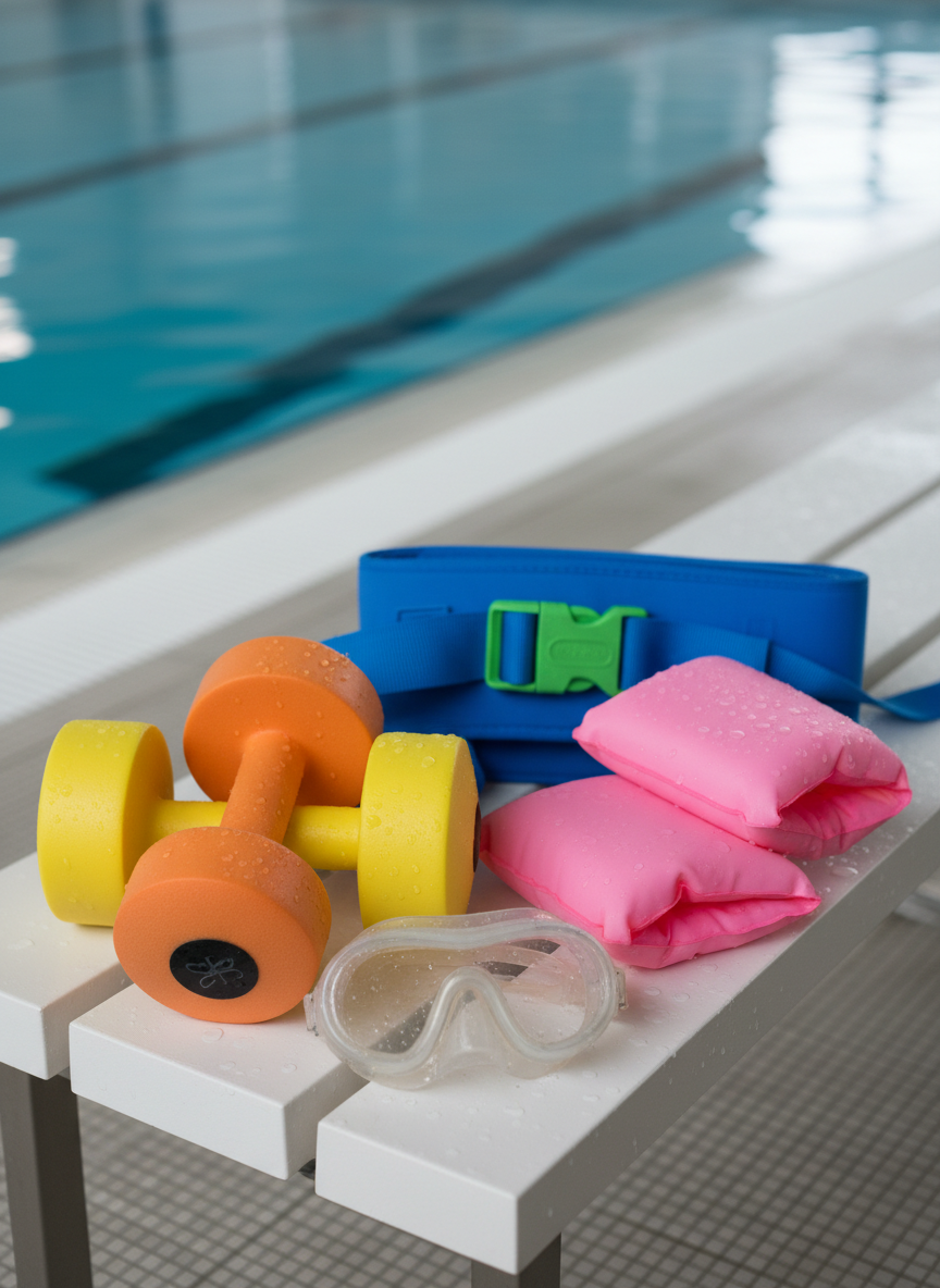 An organized collection of specialised swimming aids displayed neatly on a low, white bench beside an indoor pool, photographed in clean, documentary style. The arrangement includes brightly colored foam dumbbells, adjustable flotation belts, soft arm bands, and a pair of clear swim goggles with a wide, comfortable seal. Each item appears slightly damp, suggesting recent use, with tiny water beads catching the soft, neutral overhead lighting. The background shows the blurred turquoise surface of the pool and a section of textured, non-slip tiles. Shot from a slightly elevated angle with shallow depth of field, the composition creates a sense of calm readiness, highlighting the practical tools used to support swimmers with physical, sensory, or learning disabilities.
