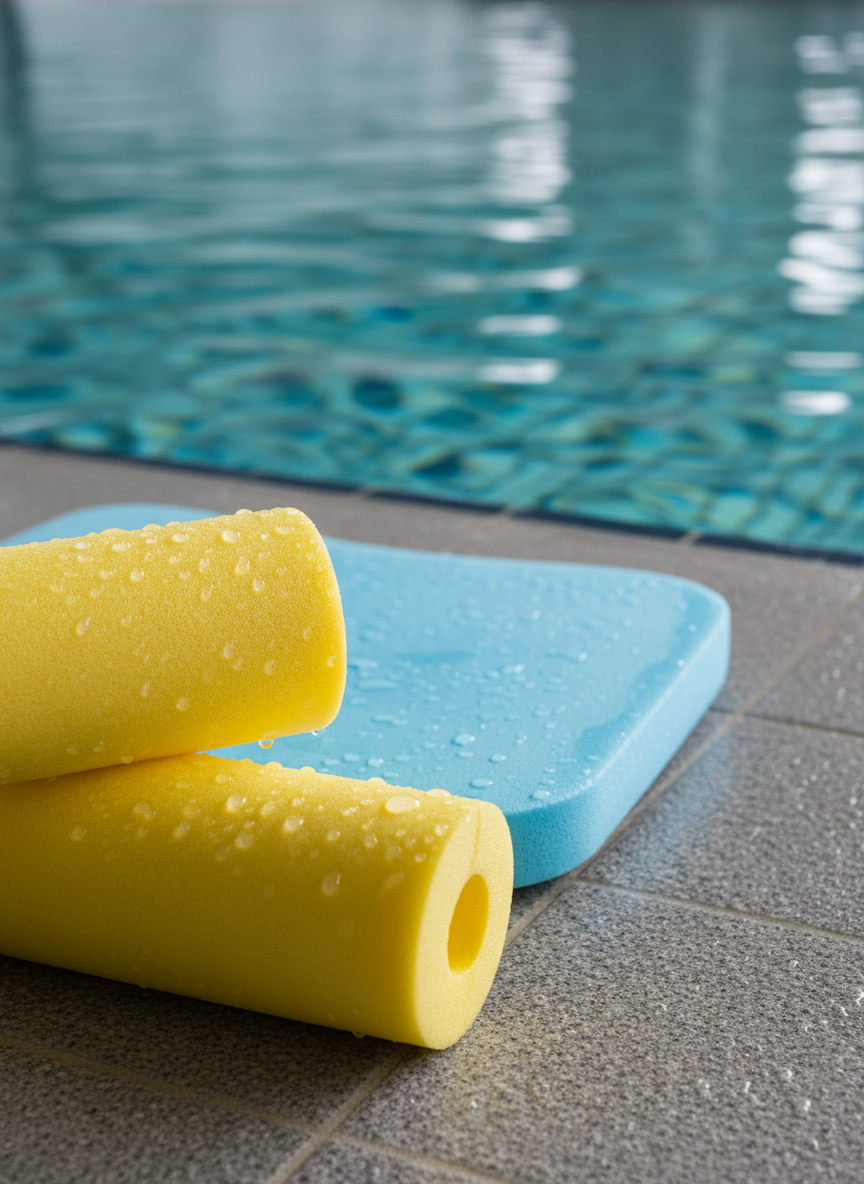 A close-up, eye-level photographic shot of a pair of bright yellow foam swim floats and a soft blue kickboard resting on textured, non-slip poolside flooring beside the shallow end of an indoor pool. Water droplets glisten on the surfaces of the equipment, catching the diffused overhead lighting and creating tiny, sparkling highlights. In the background, slightly out of focus, the calm water of the pool shows soft, overlapping ripples that reflect turquoise and white tiles. The composition follows the rule of thirds, with the equipment in sharp focus in the foreground, conveying a sense of safety, support, and gentle encouragement for learners who struggle with traditional swimming methods.