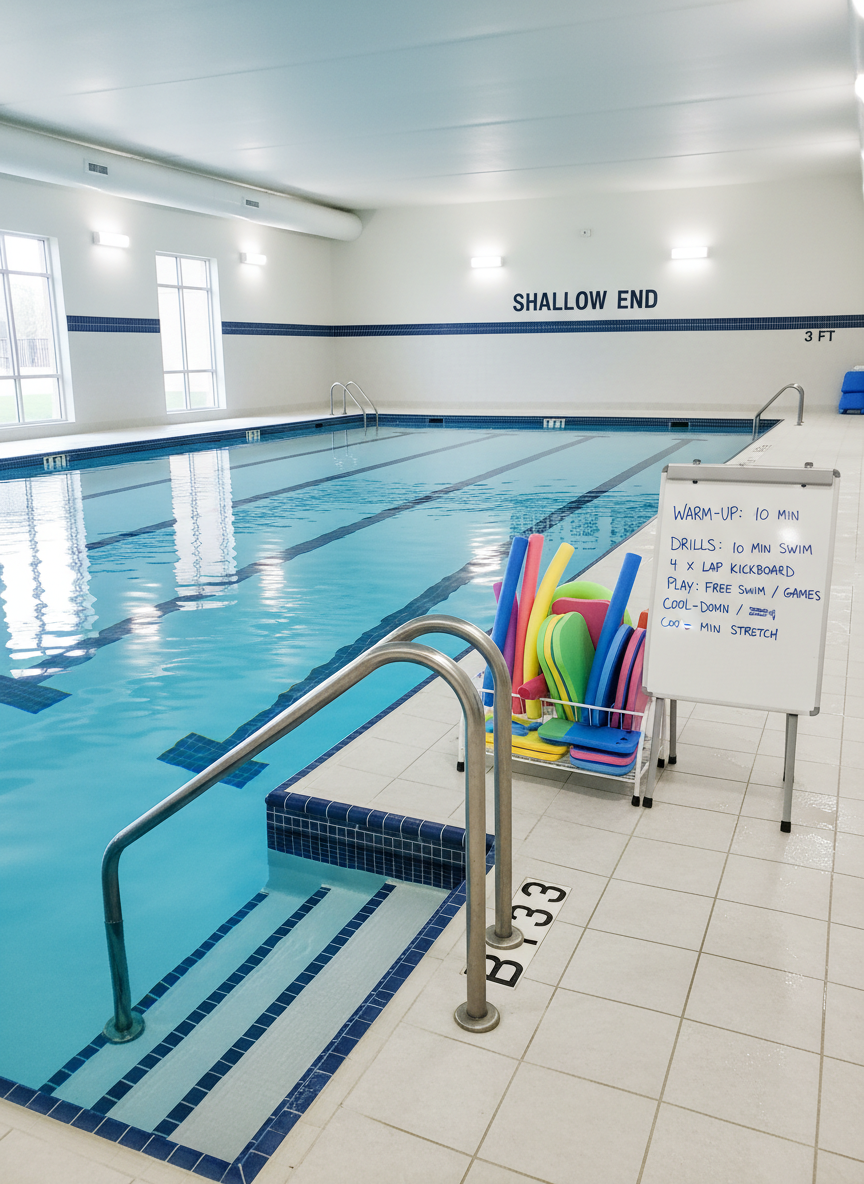 A bright, modern indoor swimming pool with crystal-clear blue water showing gentle ripples along the surface, captured in photographic realism. Colorful foam noodles, kickboards, and floating rings rest neatly on a low rack at the pool’s edge, alongside a waterproof whiteboard displaying a simple, encouraging practice routine in large, legible text. Soft overhead lighting reflects subtly on the tiled floor and water, creating a calm and professional atmosphere. The camera is positioned at eye level from the poolside, using a wide-angle composition that takes in the full length of the pool, the accessible pool steps with sturdy handrails, and a clearly marked shallow end, conveying a welcoming, inclusive environment for nervous or new swimmers.