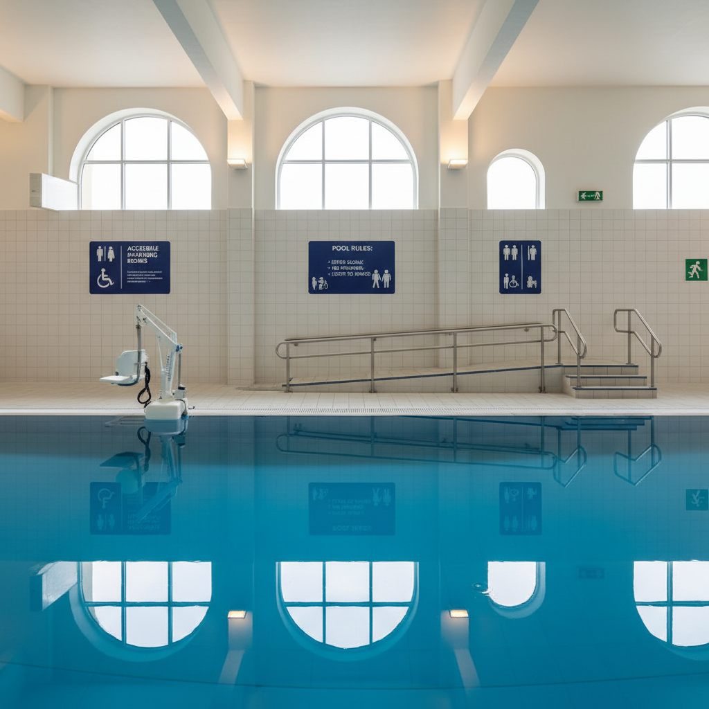 A wide, panoramic photographic view of an indoor accessible swimming facility specifically designed for people with disabilities. The calm blue pool features a white mechanical pool hoist at one corner, broad steps with double handrails, and a gently sloping ramp leading into the shallow end. Along the walls, large, clear signage with high-contrast icons indicates accessible changing rooms, pool rules in simple language, and emergency exits. Natural light pours in from high windows, mixing with soft overhead lamps to create even, welcoming illumination. The image is captured from a slightly elevated angle, ensuring every accessibility feature is visible. The overall mood is professional yet reassuring, emphasizing thoughtful design and inclusion without showing any people.